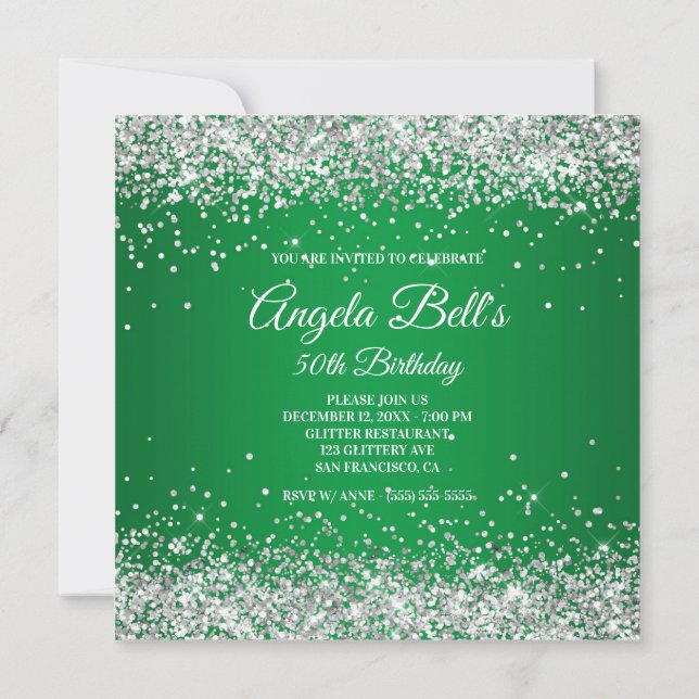 Invitación Faux Sparkly Silver Purpurina Monograma Green Ombr (Reverso)