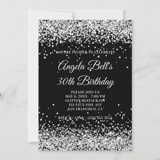 Invitación Faux Sparkly Silver Purpurina Negro 30 cumpleaños (Reverso)