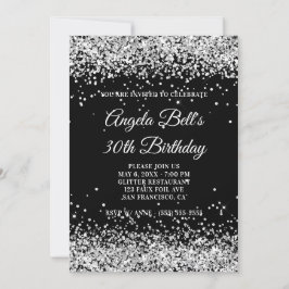 Invitación Faux Sparkly Silver Purpurina Negro 30 cumpleaños