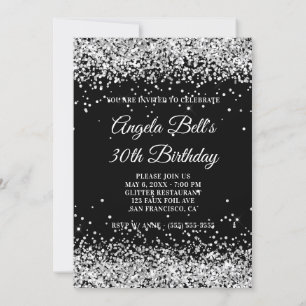 Invitación Faux Sparkly Silver Purpurina Negro 30 cumpleaños