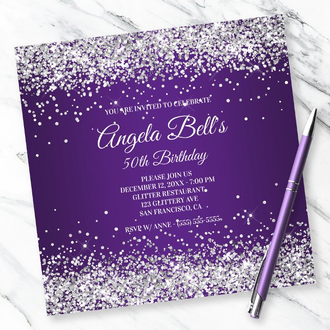 Invitación Faux Sparkly Silver Purpurina Royal Purple Ombre (Subido por el creador)