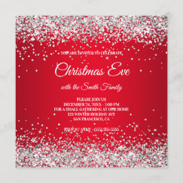 Invitación Faux Sparkly Silver Purpurinas Navidades Red