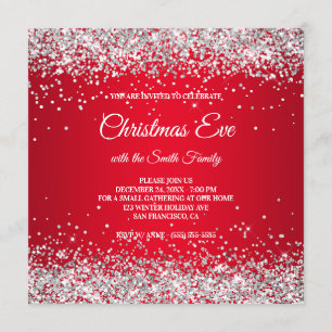 Invitación Faux Sparkly Silver Purpurinas Navidades Red