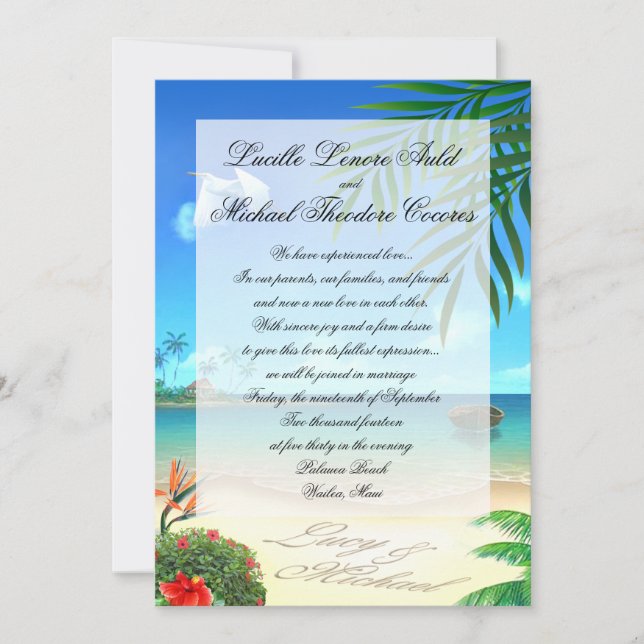 Invitación "Faux Vellum" a la boda de la playa exó (Anverso)