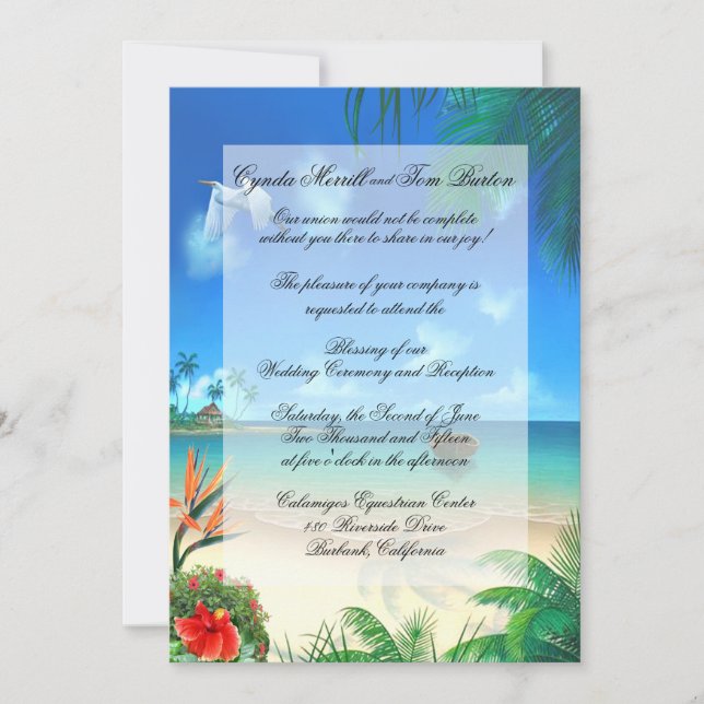 Invitación "Faux Vellum" a la boda de la playa exó (Anverso)