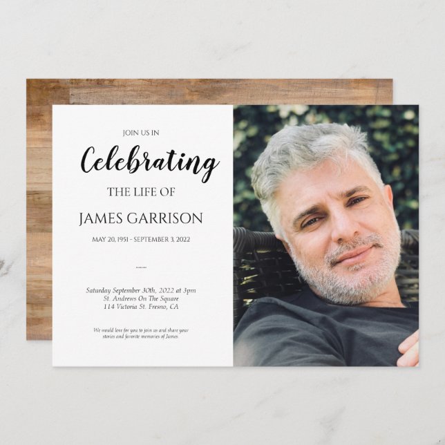 Invitación Faux Wood Celebration of Life with Photo Funeral (Anverso / Reverso)