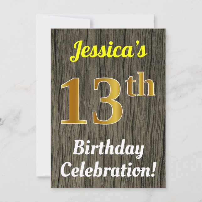Invitación Faux Wood, Faux Gold 13th Birthday Celebration (Anverso)