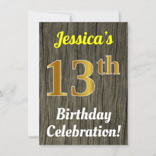 Invitación Faux Wood, Faux Gold 13th Birthday Celebration