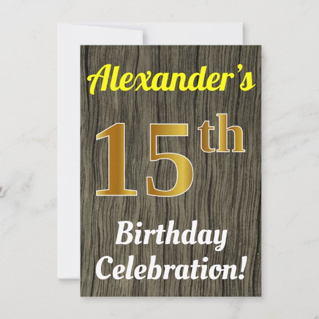 Invitación Faux Wood, Faux Gold 15th Birthday Celebration (Anverso)