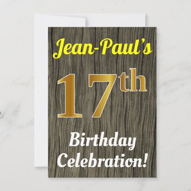 Invitación Faux Wood, Faux Gold 17th Birthday Celebration (Anverso)