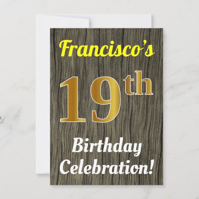 Invitación Faux Wood, Faux Gold 19th Birthday Celebration (Anverso)