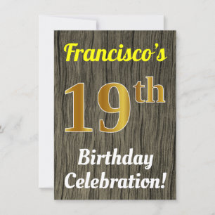 Invitación Faux Wood, Faux Gold 19th Birthday Celebration