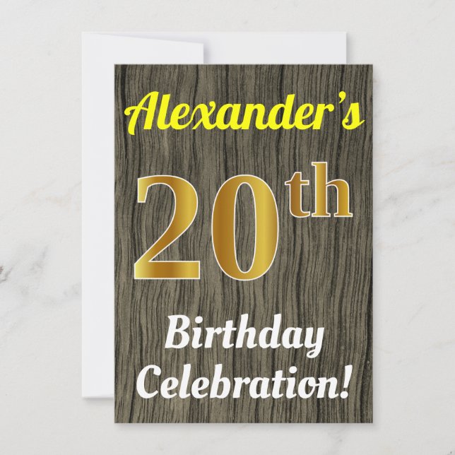 Invitación Faux Wood, Faux Gold 20th Birthday Celebration (Anverso)