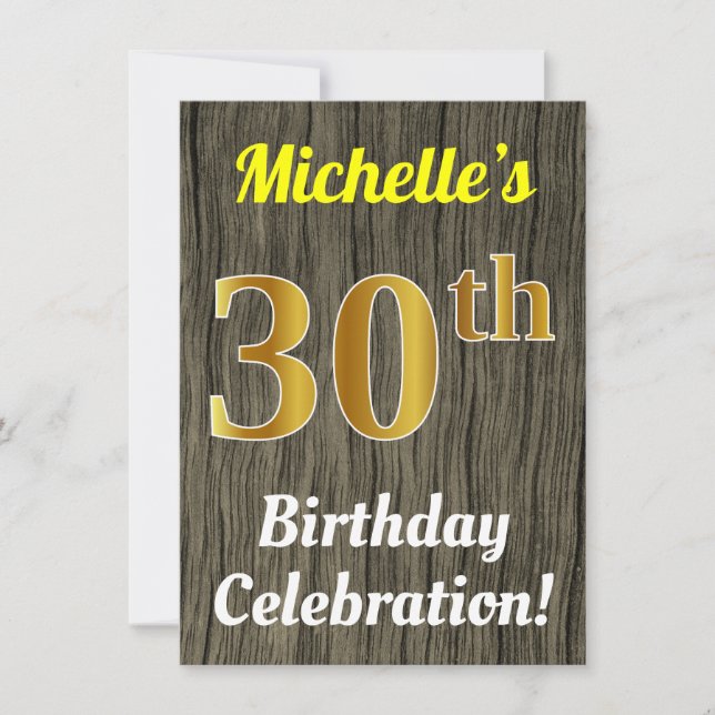 Invitación Faux Wood, Faux Gold 30th Birthday Celebration (Anverso)