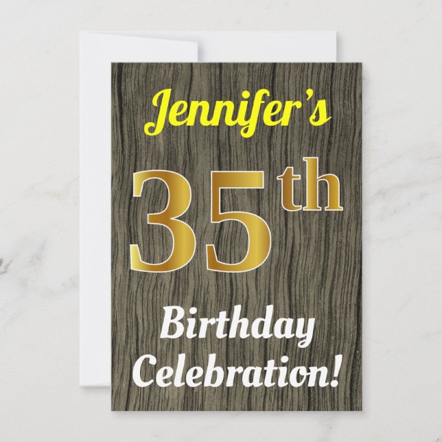 Invitación Faux Wood, Faux Gold 35th Birthday Celebration (Anverso)