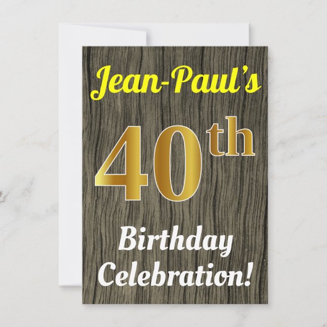 Invitación Faux Wood, Faux Gold 40th Birthday Celebration (Anverso)
