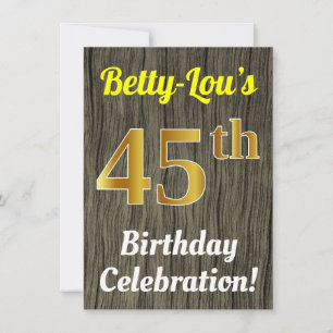 Invitación Faux Wood, Faux Gold 45th Birthday Celebration
