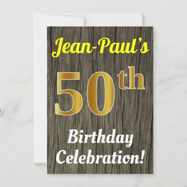 Invitación Faux Wood, Faux Gold 50th Birthday Celebration (Anverso)