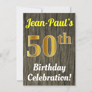 Invitación Faux Wood, Faux Gold 50th Birthday Celebration