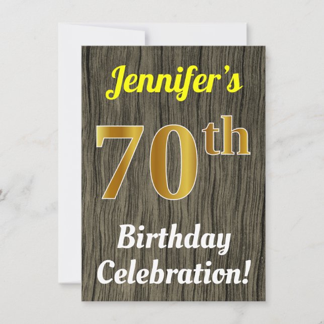 Invitación Faux Wood, Faux Gold 70th Birthday Celebration (Anverso)