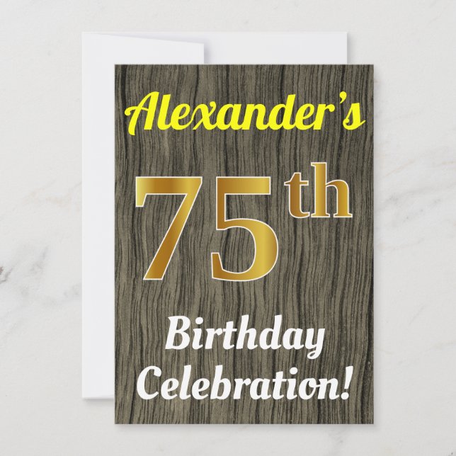 Invitación Faux Wood, Faux Gold 75th Birthday Celebration (Anverso)