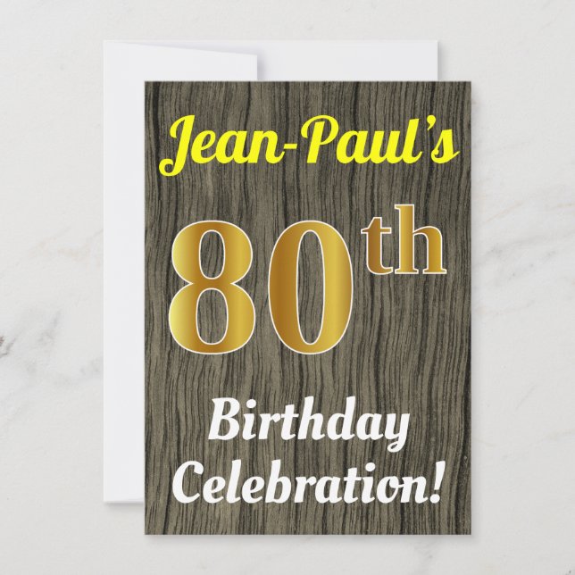 Invitación Faux Wood, Faux Gold 80th Birthday Celebration (Anverso)