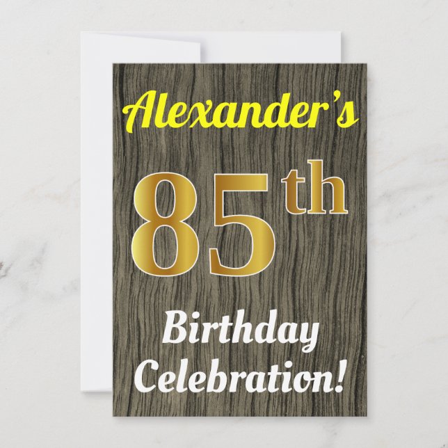 Invitación Faux Wood, Faux Gold 85th Birthday Celebration (Anverso)