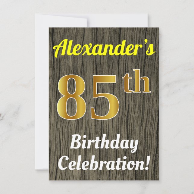 Invitación Faux Wood, Faux Gold 85th Birthday Celebration (Anverso)
