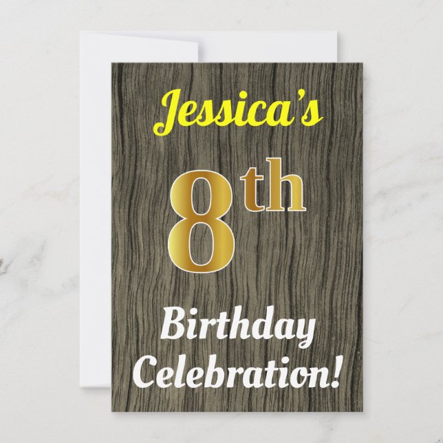 Invitación Faux Wood, Faux Gold 8Birthday Celebration (Anverso)