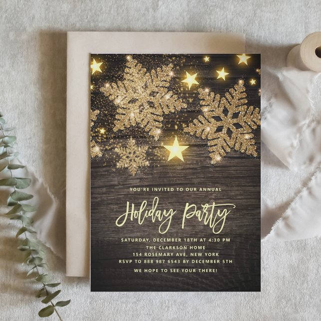Invitación Faux Wood Gold Purpurina Snowflakes Holiday Party (Subido por el creador)