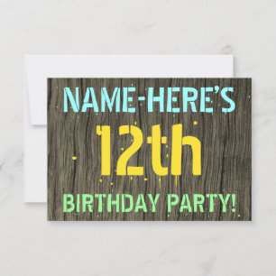 Invitación Faux Wood, Painted Text Look, 12th Birthday + Name