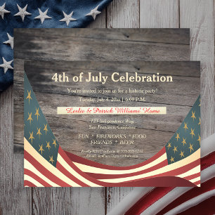 Invitación Faux Wood Rustic   Banderas de época 4 de julio Fi