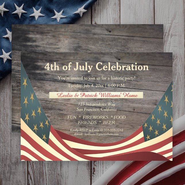 Invitación Faux Wood Rustic | Banderas de época 4 de julio Fi (Rustic Aged Faux Wood Vintage Flags 4th of July Party Invitation - Print | Digital Download)