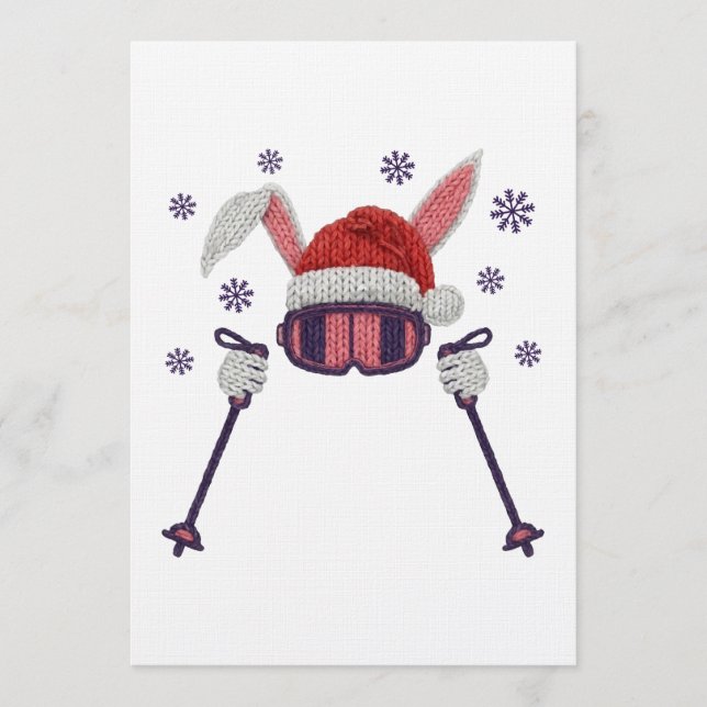 Invitación Faux yarn skiing rabbit with Santa hat winter humo (Anverso)