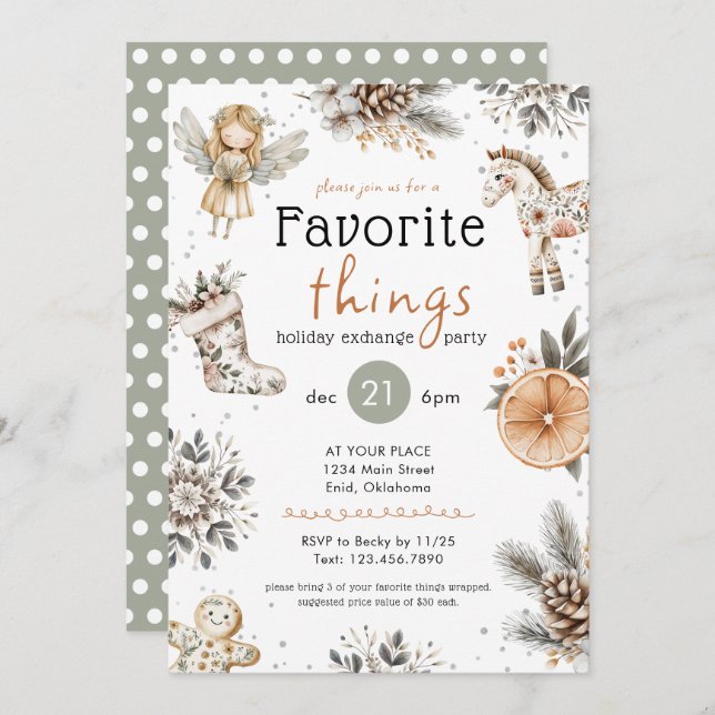 Invitación Favorite Things Boho Gift Exchange Holiday Party (Anverso / Reverso)