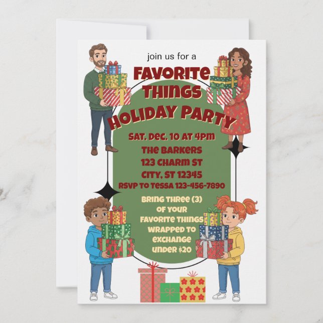 Invitación Favorite Things Holiday Party, gift exchange (Anverso)