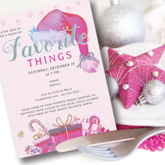 Invitación Favorite Things Party Holiday Pink Gift Exchange (Favorite Things Party Holiday Pink Gift Exchange Secret Santa White Elephant Office Family & Friends)