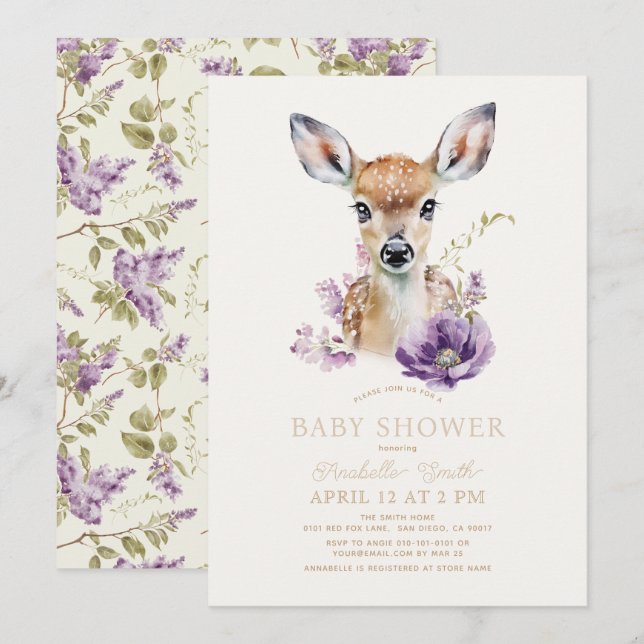 Invitación Fawn Deer Purple Floral Baby Shower (Anverso / Reverso)