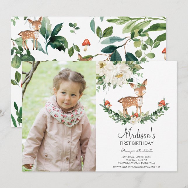 Invitación Fawn Floral Blanca Fawn Woodland. Foto de cumpleañ (Anverso / Reverso)