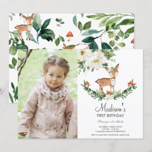 Invitación Fawn Floral Blanca Fawn Woodland. Foto de cumpleañ