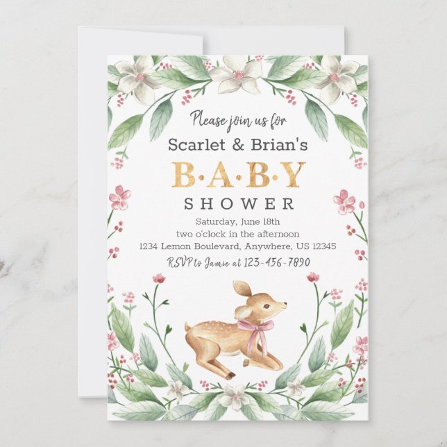 Invitación Fawn Floral Primavera Fawn Woodland Wild Deer Baby (Anverso)
