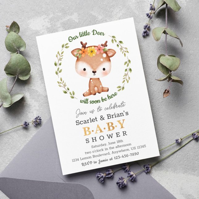 Invitación Fawn Floral Primavera Fawn Woodland Wild Deer Baby (Subido por el creador)