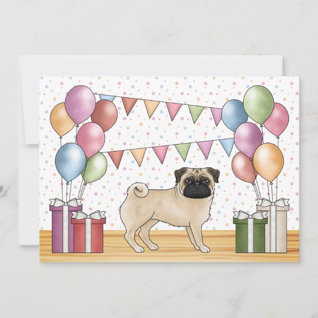 Invitación Fawn Pug Cartoon Perro Pasteles coloridos Cumpleañ (Anverso)