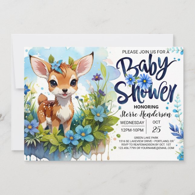 Invitación Fawn Theme Blue Baby Shower para Boy (Anverso)