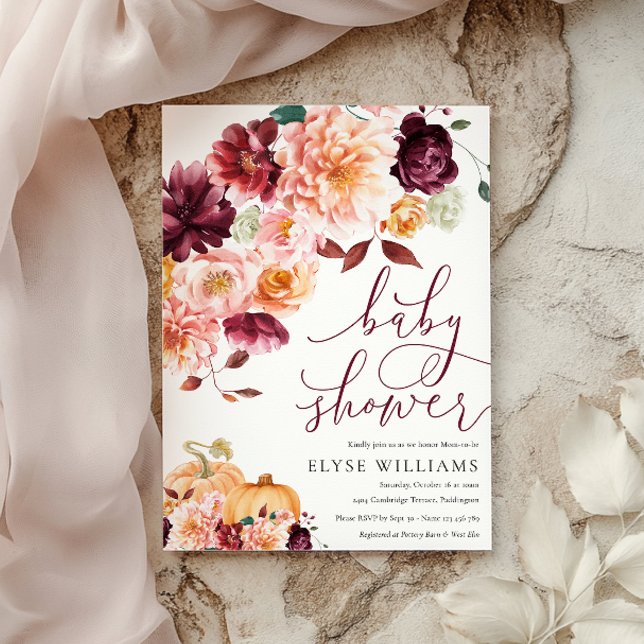 Invitación Faye Burgundy Floral Otoño Baby Shower (Subido por el creador)
