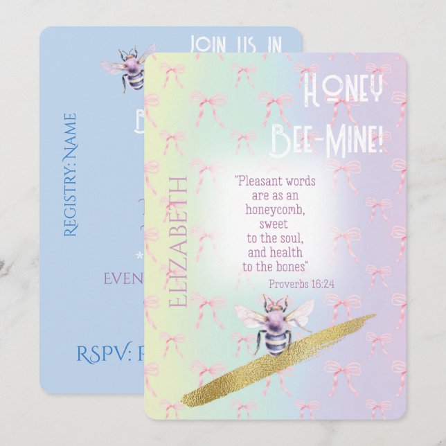 Invitación Fe Elegante Rosa Arcoíris Cuadrícula Abeja (Anverso / Reverso)