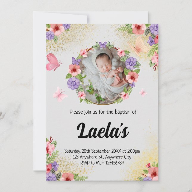 Invitación Fe fluctuante: foto moderna del bautismo de maripo (Anverso)