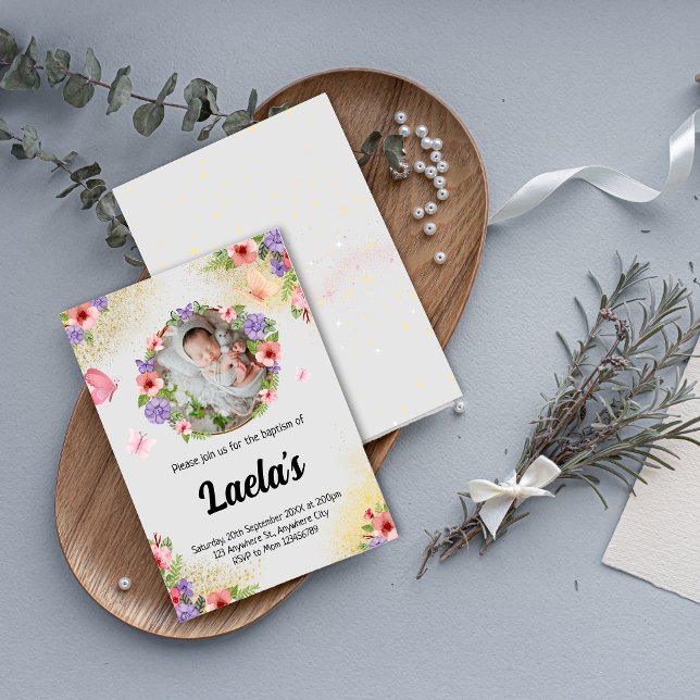 Invitación Fe fluctuante: foto moderna del bautismo de maripo (Modern Butterfly Baptism Photo Invitation)