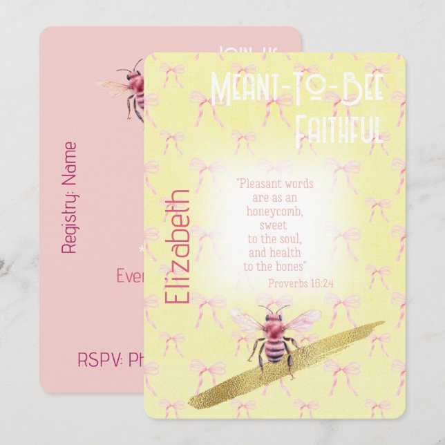 Invitación Fe Girly Rosa Coqueta Abeja Amarilla (Anverso / Reverso)
