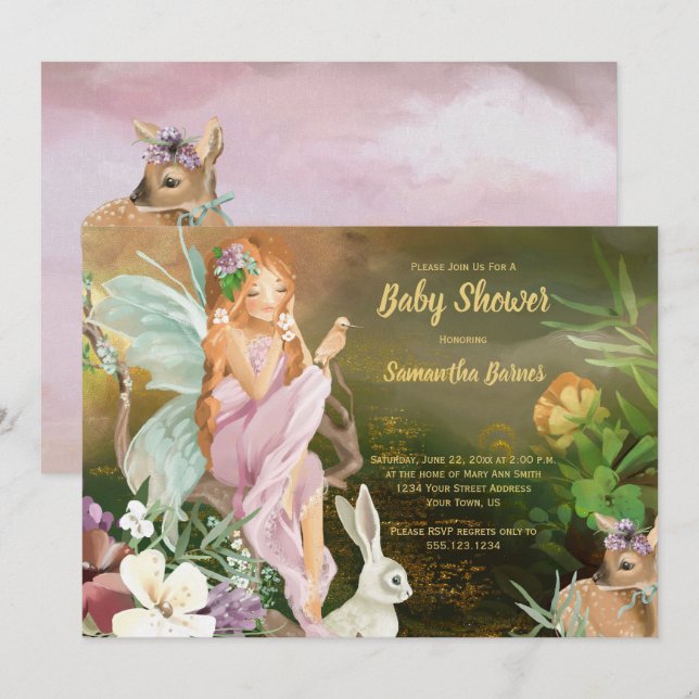 Invitación Fe y animales bebés Woodland Baby Shower (Anverso / Reverso)